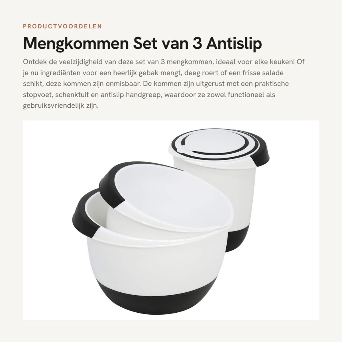 Dailygoods- Mengkommen Set van 3 - Antislip Handgreep - Stopvoet - Schenktuit - Stapelbaar - Kookgerei voor Salades en Gebak - Keukenkommen