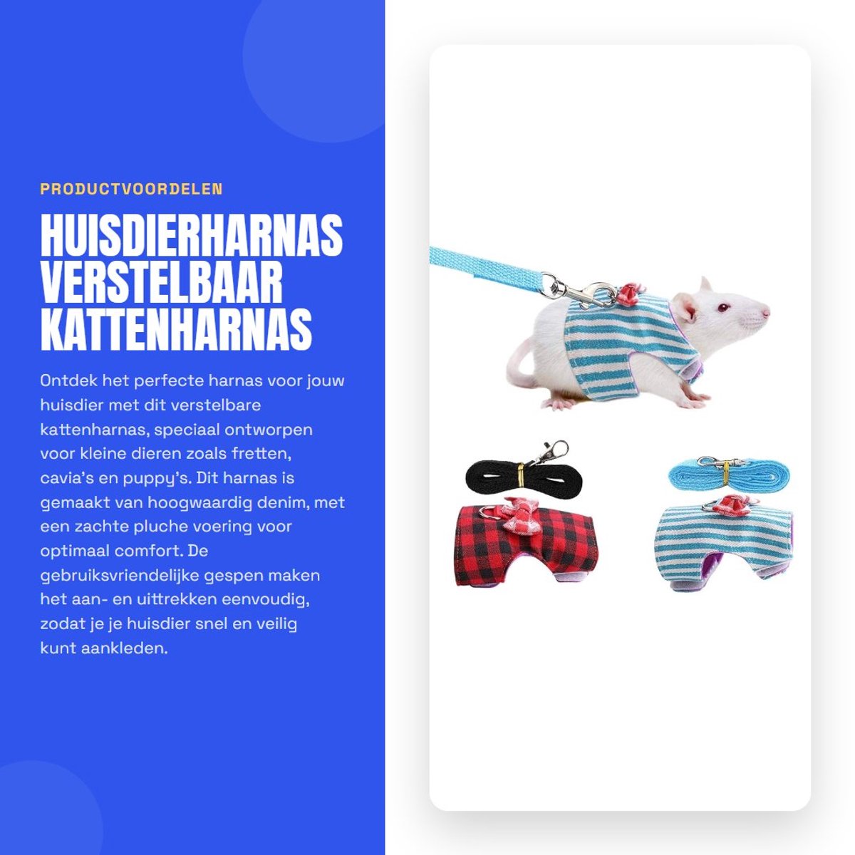 Dailygoods- Kattenharnas Verstelbaar - Kattentuigje met Looplijn - Veiligheidsband - Zacht Denim - Set van 2 - Geschikt voor Kleine Dieren - Huisdierharnas