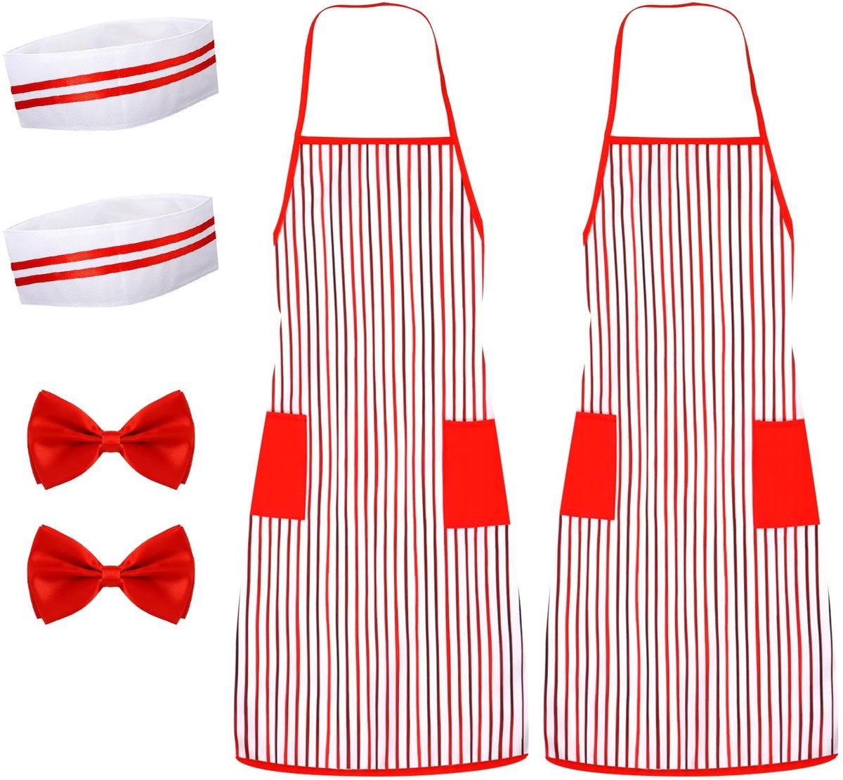 Dailygoods- Kostuumset 6 Stuks - Rood/Wit Gestreepte Schort - Koksmuts - Vlinderdas - Volwassenen - Polyester Doek - Carnavalskostuum