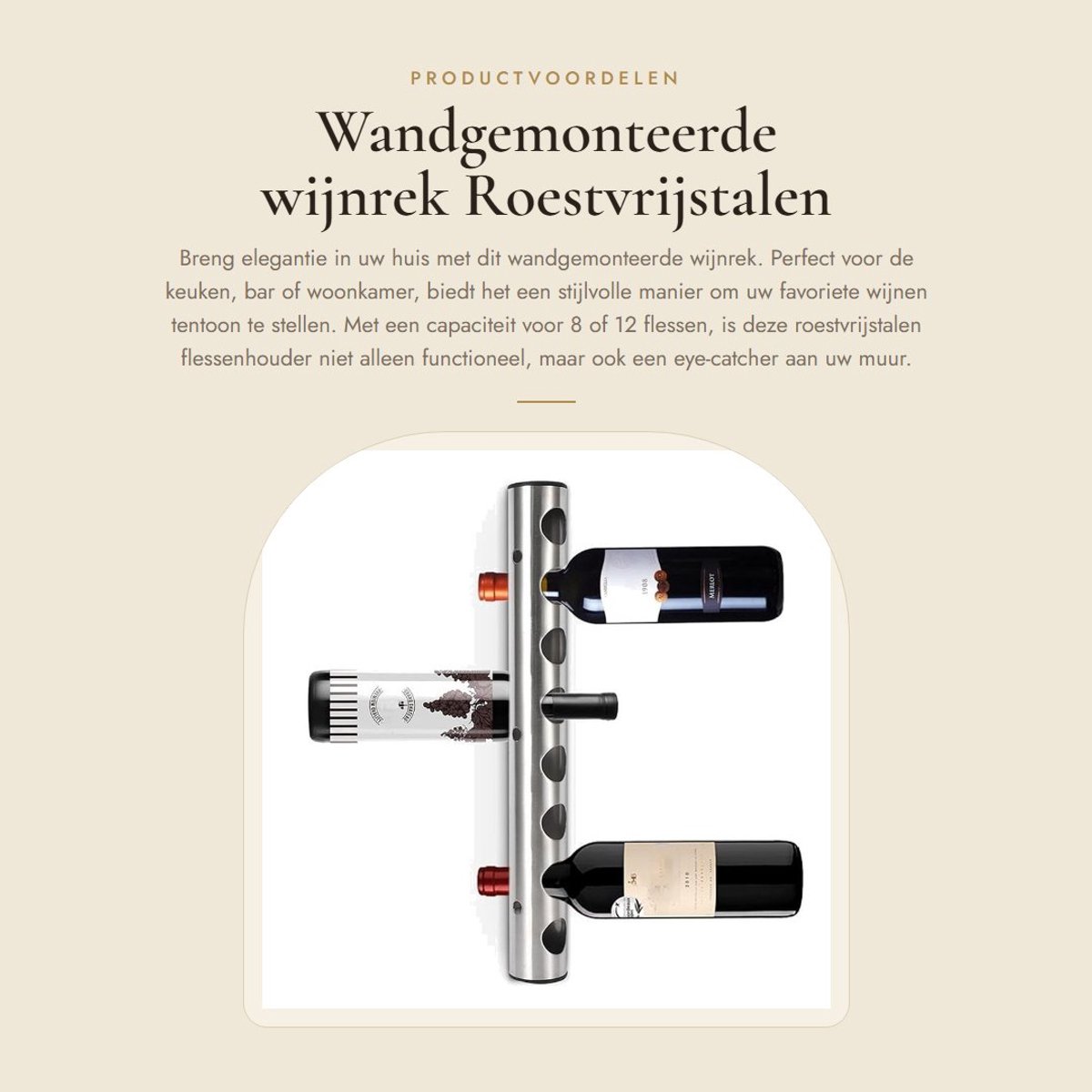 Dailygoods- Wijnrek Wandmontage - Wijnfleshouder Roestvrij Staal - Houdt 8 Flessen - Elegante Wanddecoratie - Ruimtebesparend Wijnrek - Wijnhouder