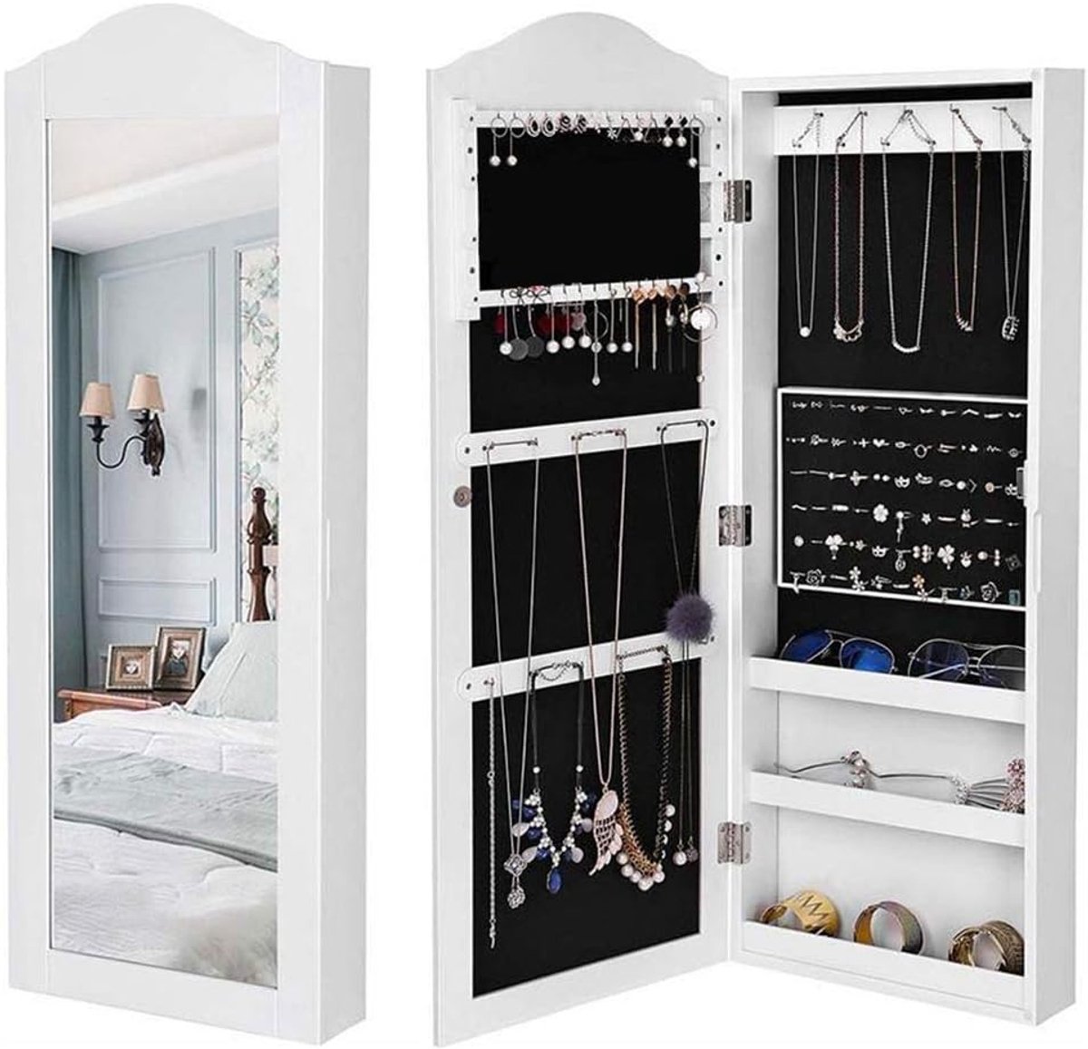 Sieradenkast Spiegel - Opberger Accessoires - Kleding Combineren - Wandmontage - 96 x 35 cm - Wit
