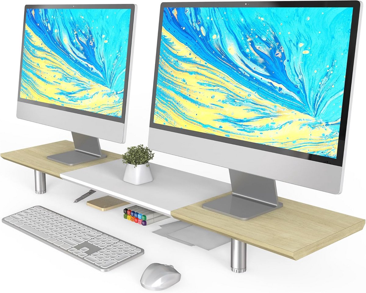 Monitor Verhoger - Bureau Organizer - Ergonomisch Werken - In Hoogte Verstelbaar - 100 cm Breed - Wit Eiken