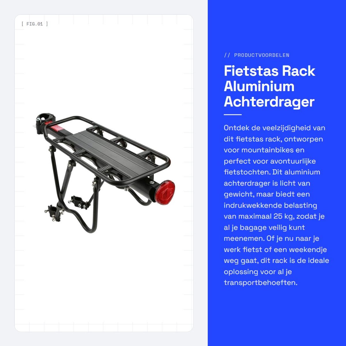 Dailygoods- Fietstas Dubbel - Aluminium Achterdrager - Lichtgewicht 1,31kg - Maximaal 25kg Draagvermogen - Totale Lengte 55cm - Geschikt voor Mountainbike - Bagagedrager