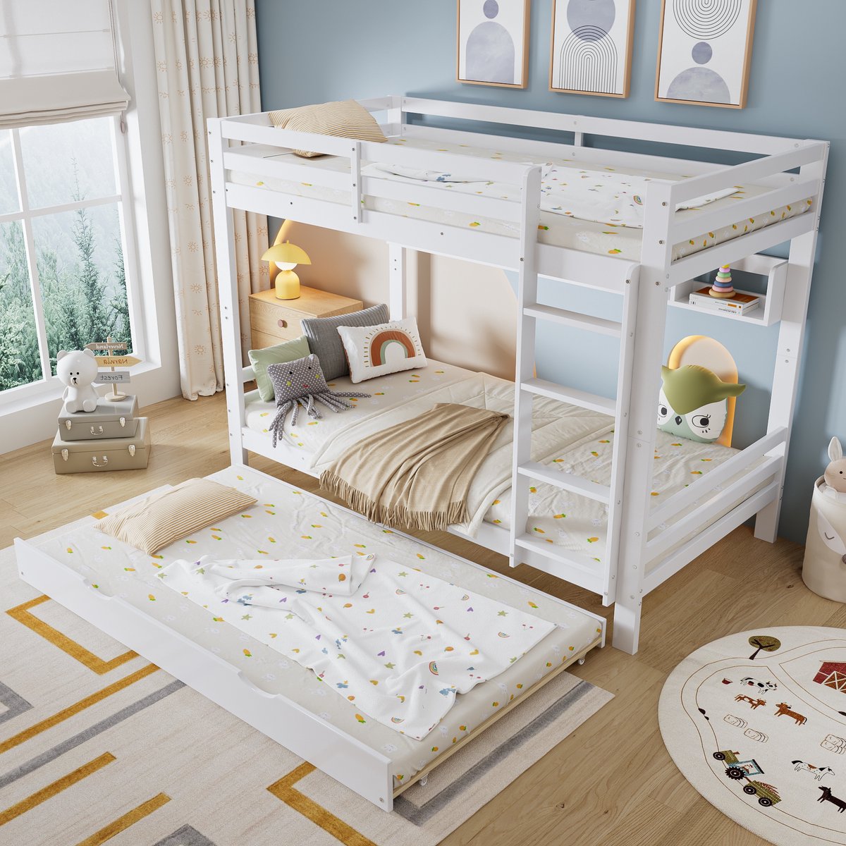 DESMIU Stapelbed 90x200cm – Kinderbed met Leesplank en Uitschuifbed – 2 Meter Opbergrek – Voor Kinderkamer – Massief Hout En MDF – Wit Zonder Matras