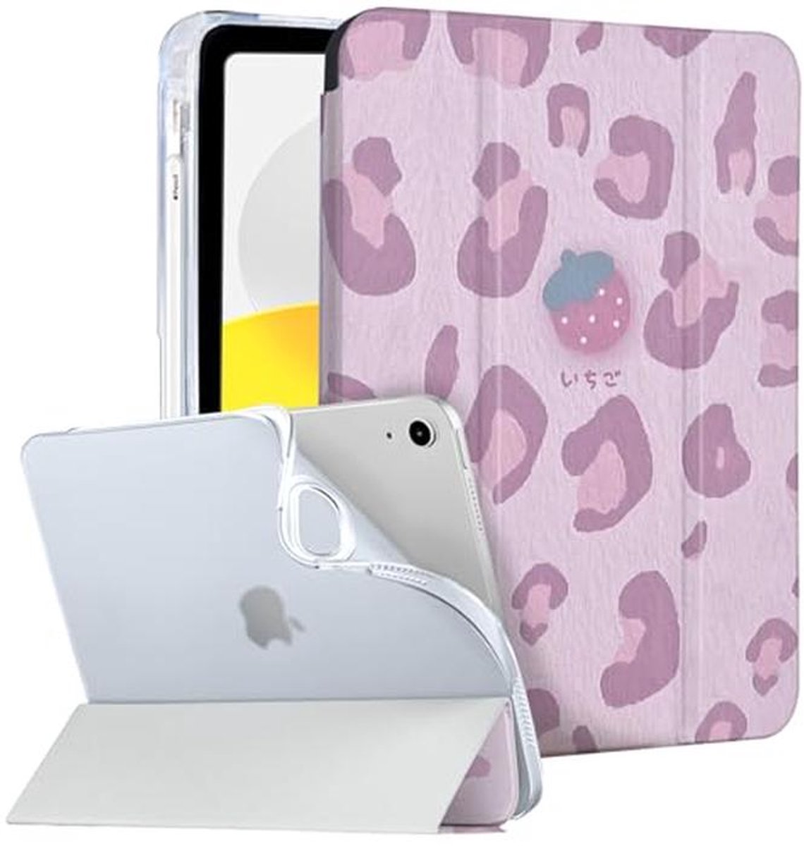 iPad 10e Gen Hoes - Beschermhoes Tablet - Dagelijks Gebruik - Met Potloodhouder - 10.9 Inch - Luipaard Aardbei
