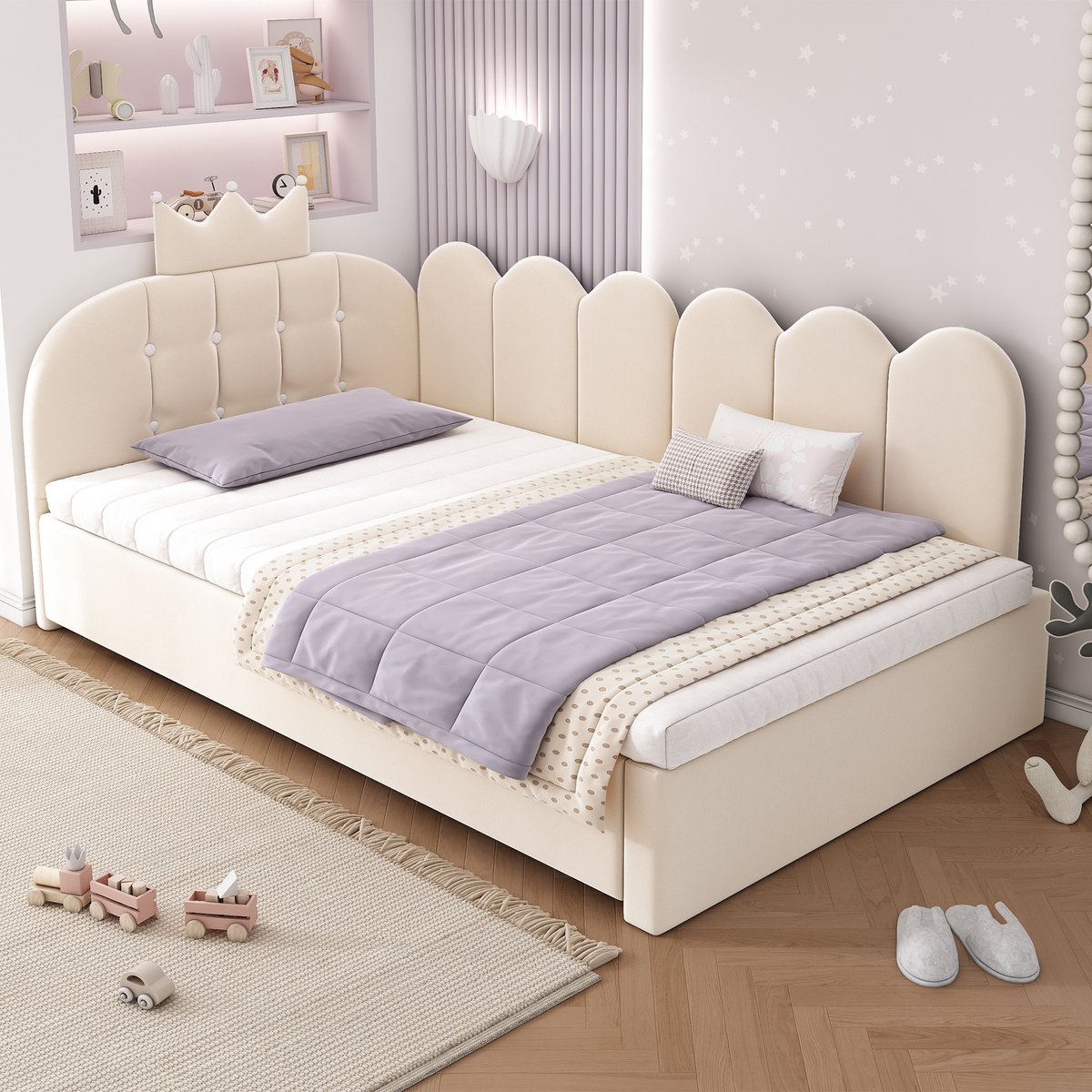 DESMIU Zetelbed 90x200cm Zonder Matras - Uitschuifbed Met L-Vormig Gekroond Gitterontwerp - Voor Kinderkamer En Logeerkamer - Fluweel - Beige