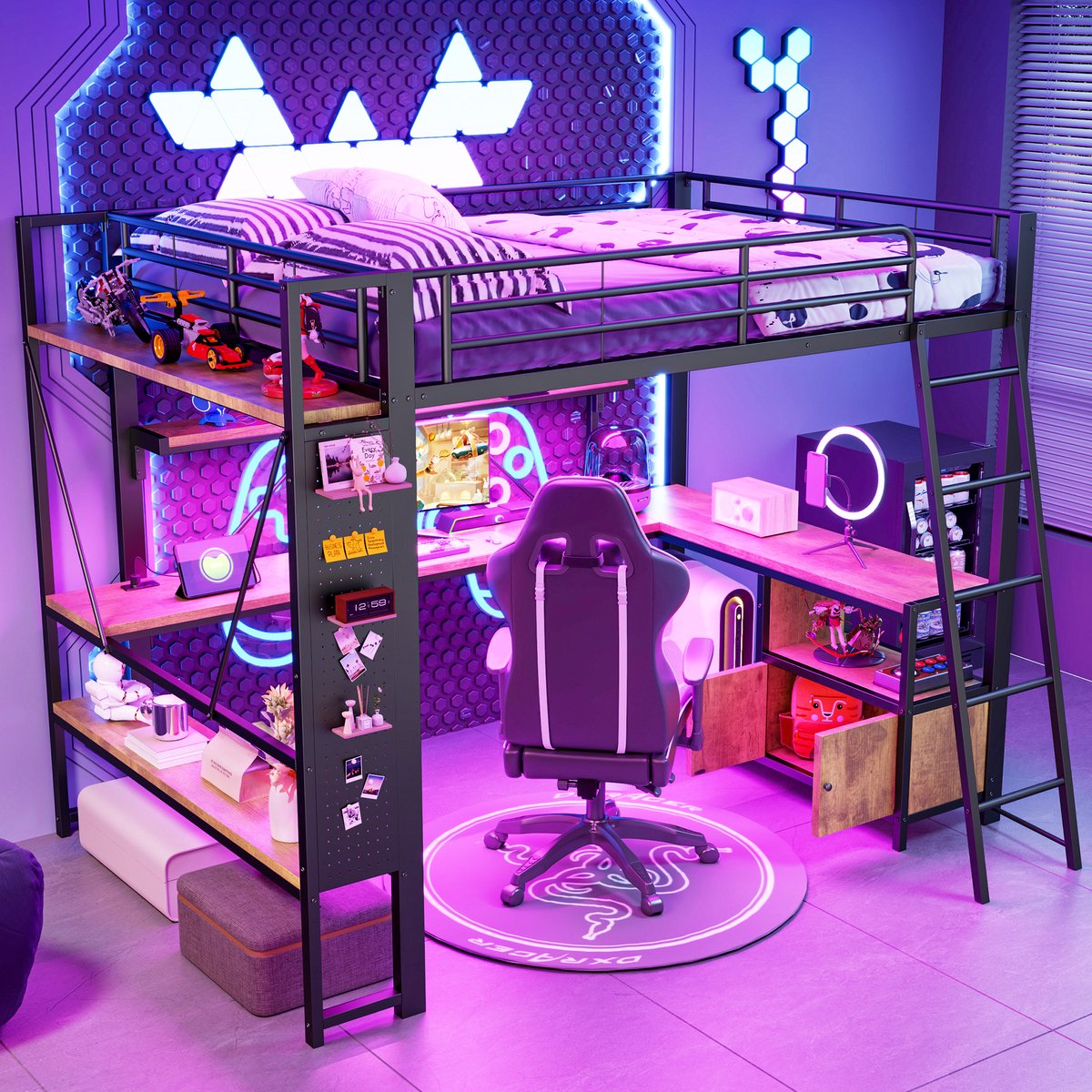 DESMIU Hoogslaper 140 x 200 cm - Hoogslaper Met Ledverlichting En Bureau - Opbergruimte Met Planken En Geperforeerde Wand - Voor Jeugdkamer Of Werkkamer - Metaal En MDF - Zwart - Zonder Matras