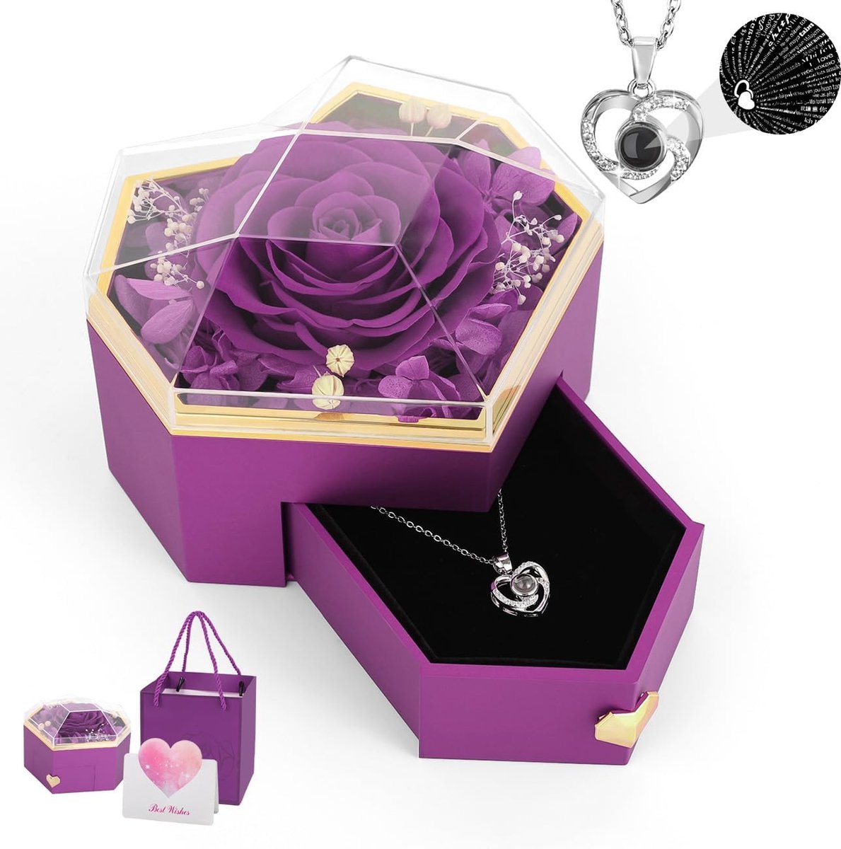 Eeuwige Roos - Bloem Cadeau - Liefde Tonen - 100 Talen Ketting - 12.7 cm - Paars