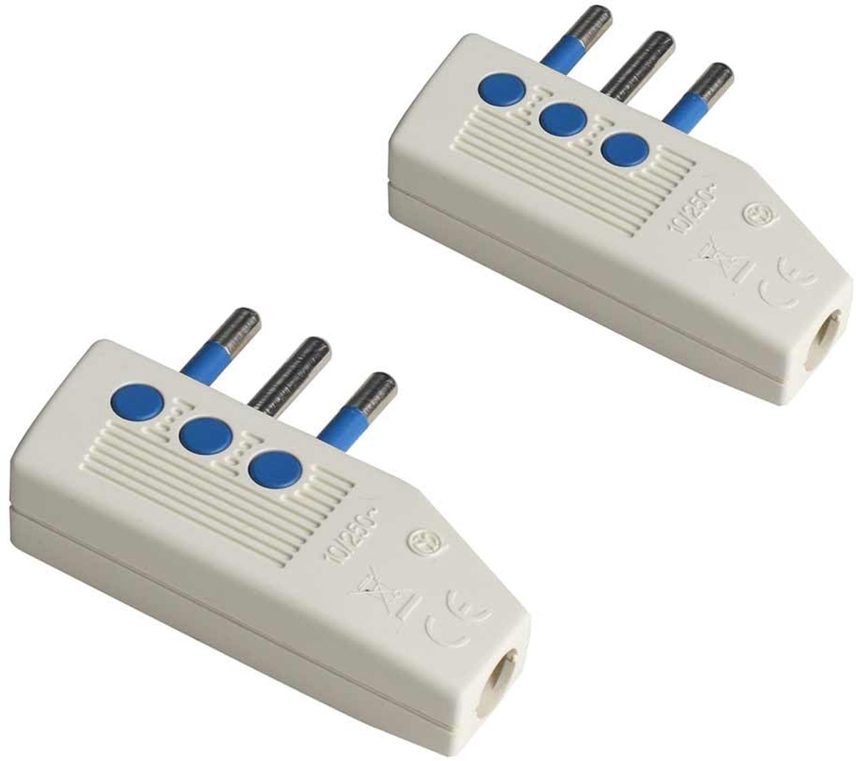 Platte stekker - Hoekstekker 2 stuks - Ruimtebesparing - 90 graden kabeluitgang - 10 A dikte 12 mm - Wit