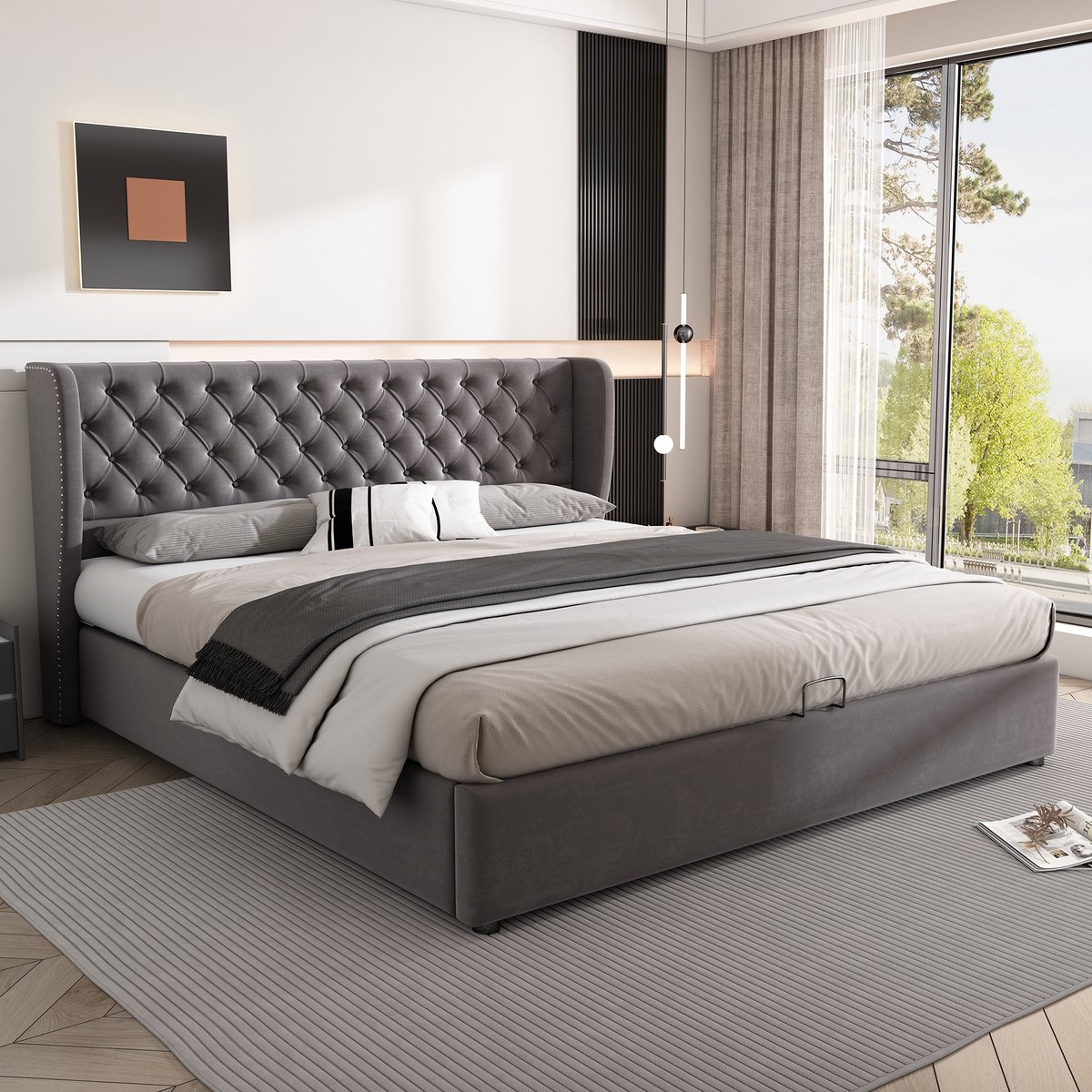DESMIU Gestoffeerd Bed 180x200 cm – Chesterfield Tweepersoonsbed met Hoog Hoofdbord – Hydraulische Opbergruimte – Voor Slaapkamer – Fluweel – Grijs – Zonder Matras