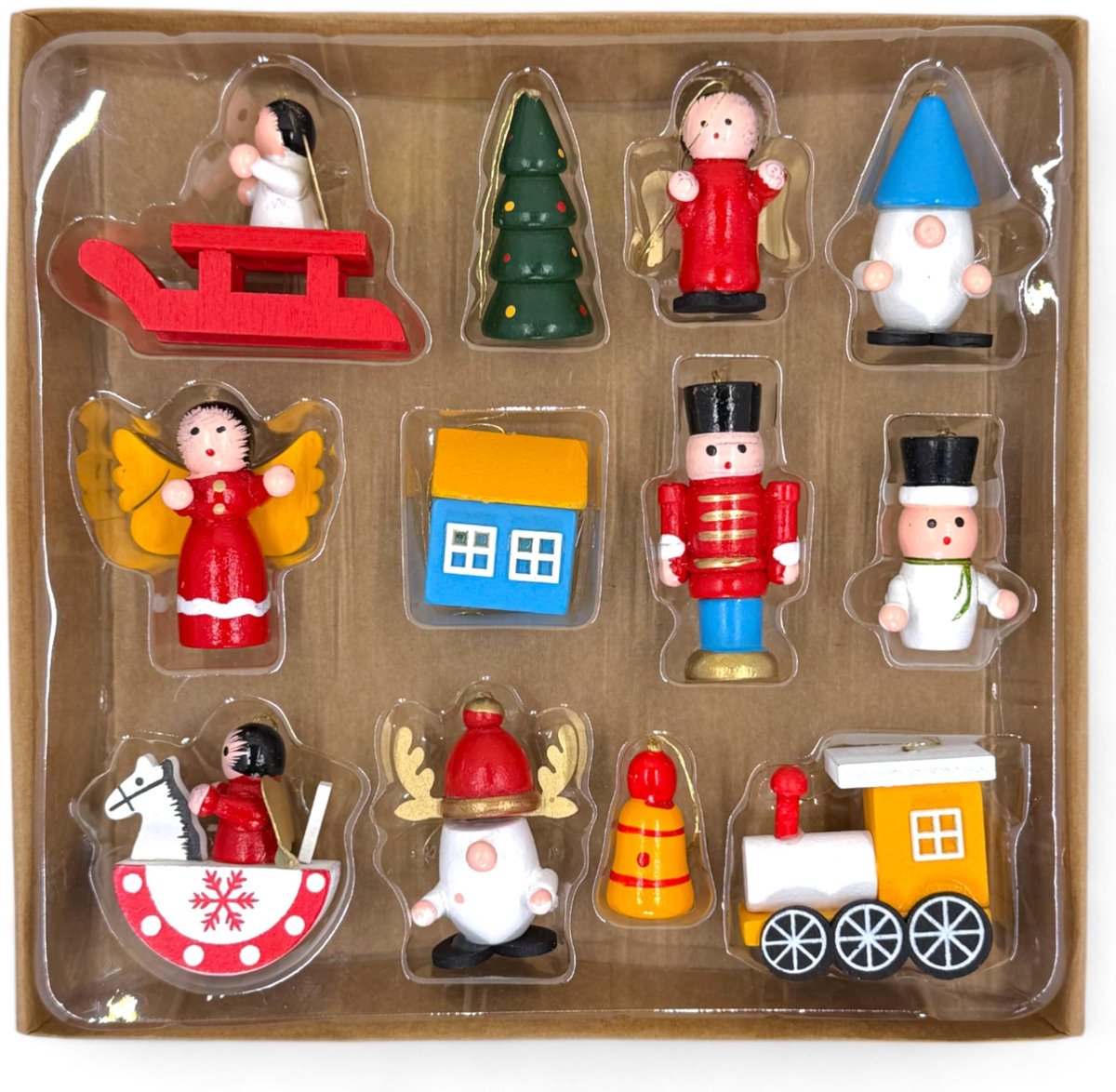 Dailygoods- Kerstboomhanger handbeschilderd - Houten kerstboomversiering - Set met nostalgische motieven - Verschillende designs - 12 stuks - 3-5 cm - Kerstdecoratie