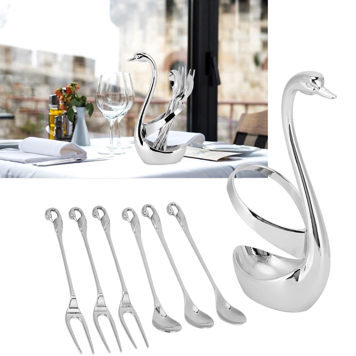 Dailygoods- Taartvorken 6 Delig - Zwaanhouder - Theelepelhouder - Fruitvorken - Duurzaam Materiaal - Unieke Opbergoplossing - Serviesset