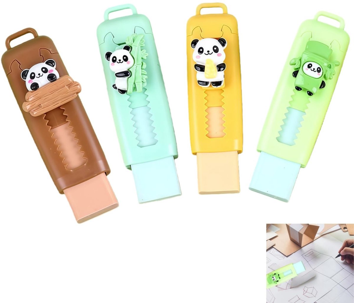 Dailygoods- Uittrekbare Gum - 4 Stuks - Panda-Gummen - Schrijfwaren - Cadeautje - Kunststof/Rubber - Voor School/Kantoor