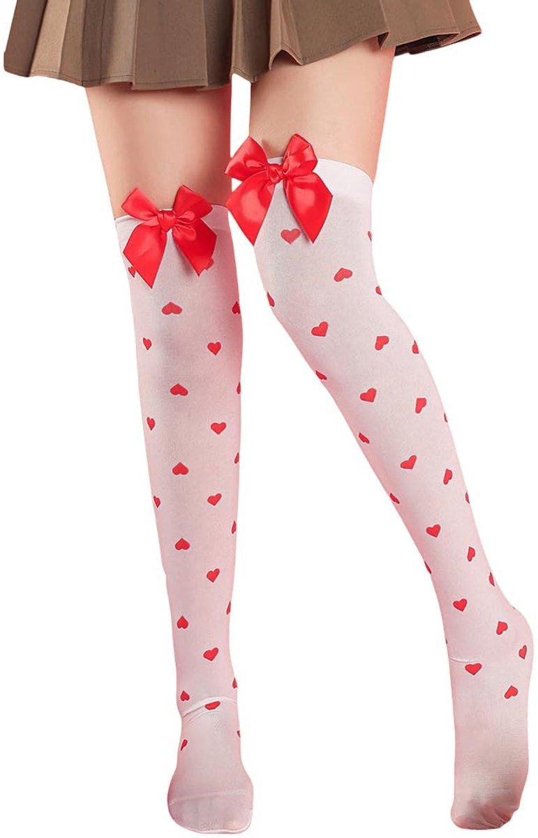 Dailygoods- Damessokken met strik en hart - Kniekousen - Rood/wit - Polyester-katoenmix - Comfortabele pasvorm - Voor Valentijnsdag/bruid/carnaval