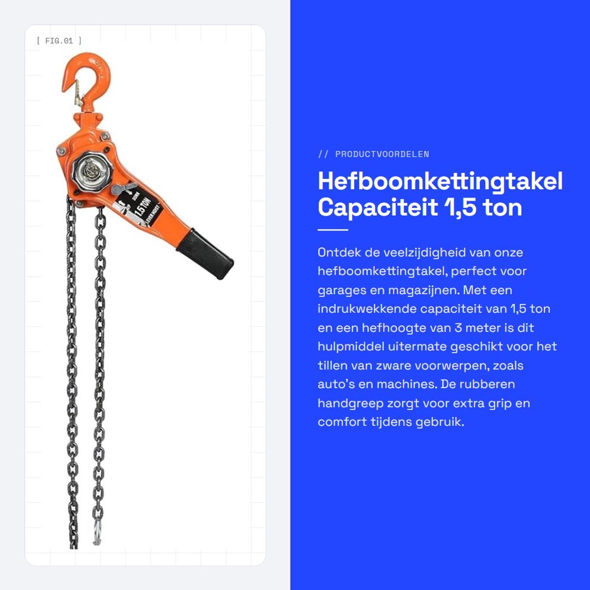 Dailygoods- Hefboomkettingtakel 1,5 ton - Hefhoogte 3 meter - Rubber handgreep - Geschikt voor garages - Magazijnen - Auto's - Takel