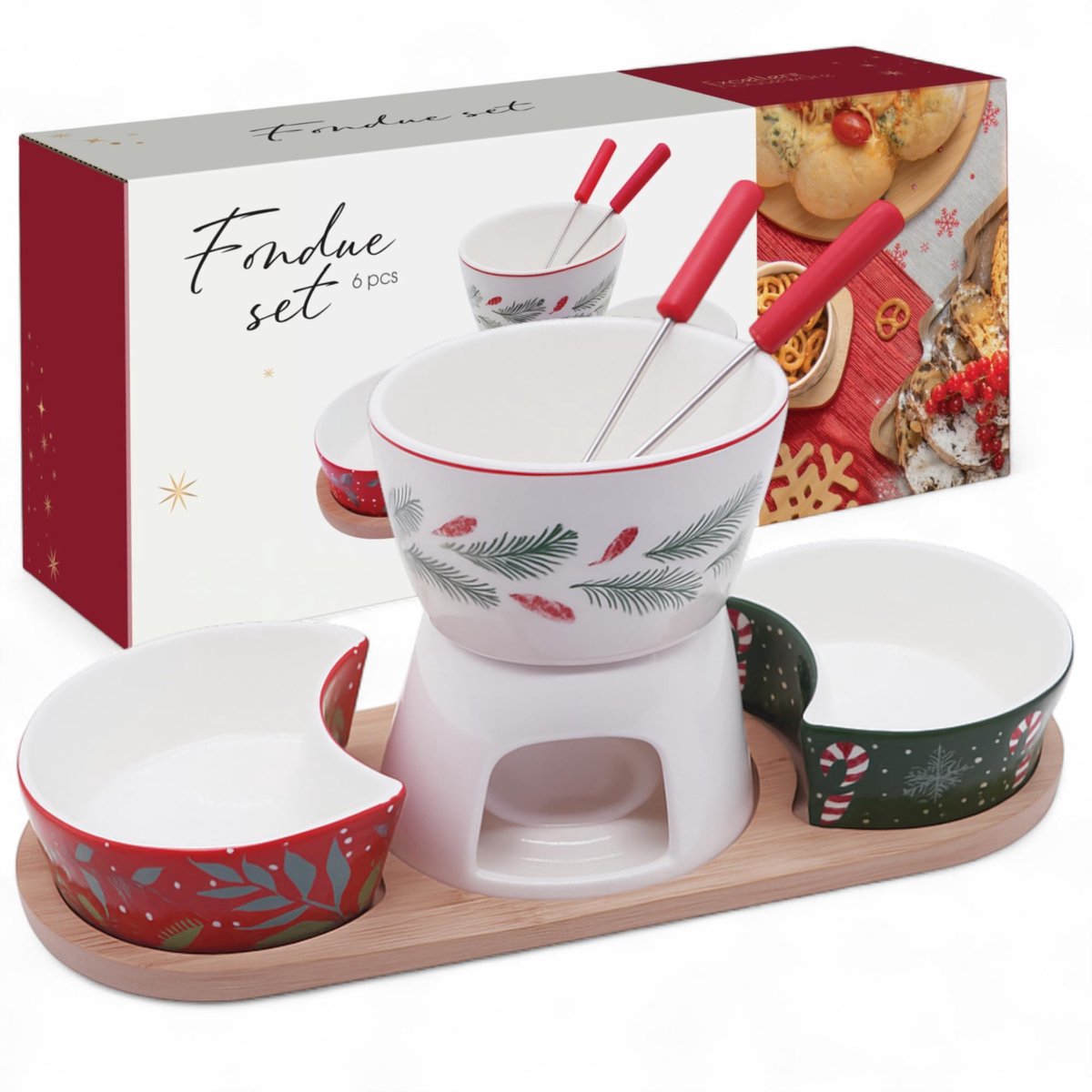 Dailygoods- Fondueset 6-delig - Porseleinen Fonduepan - Roestvrijstalen Vorken - Houten Dienblad - Feestelijke Decoratie - Kerstmotieven