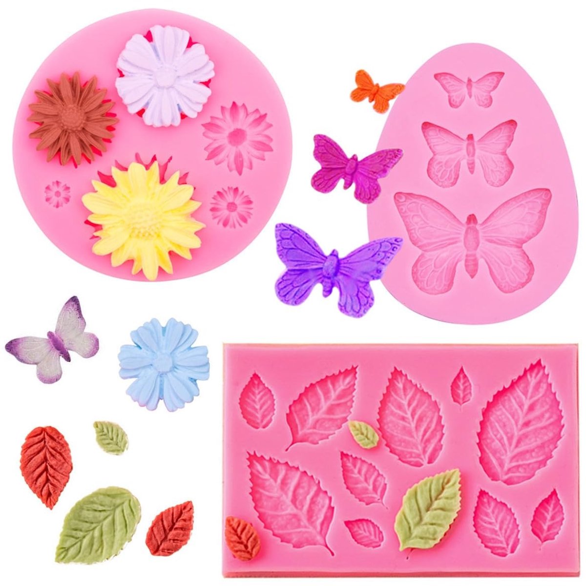 Dailygoods- Siliconen Vormen 3 Stuks - Bloem/Blad/Vlinder - Chocoladevormen - Fondant Bakvormen - Taart Decoratie - Niet giftig, bestand tegen -40℃ tot 230℃ - Bakvorm