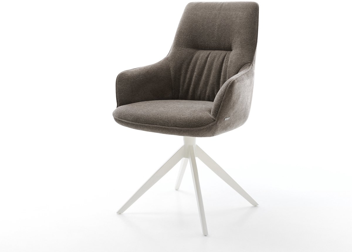 Eetkamerstoel Zelia-Flex met armleuning kruisframe breed wit zachte stof met structuur taupe 360° draaibaar rocker-functie pocketveer kern