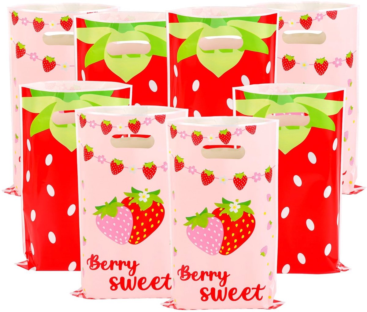 Dailygoods- Cadeauzakjes 100 Stuks - Aardbeien Thema - 25x16 cm - Plastic - Handvat - Feestzakjes voor Verjaardagen