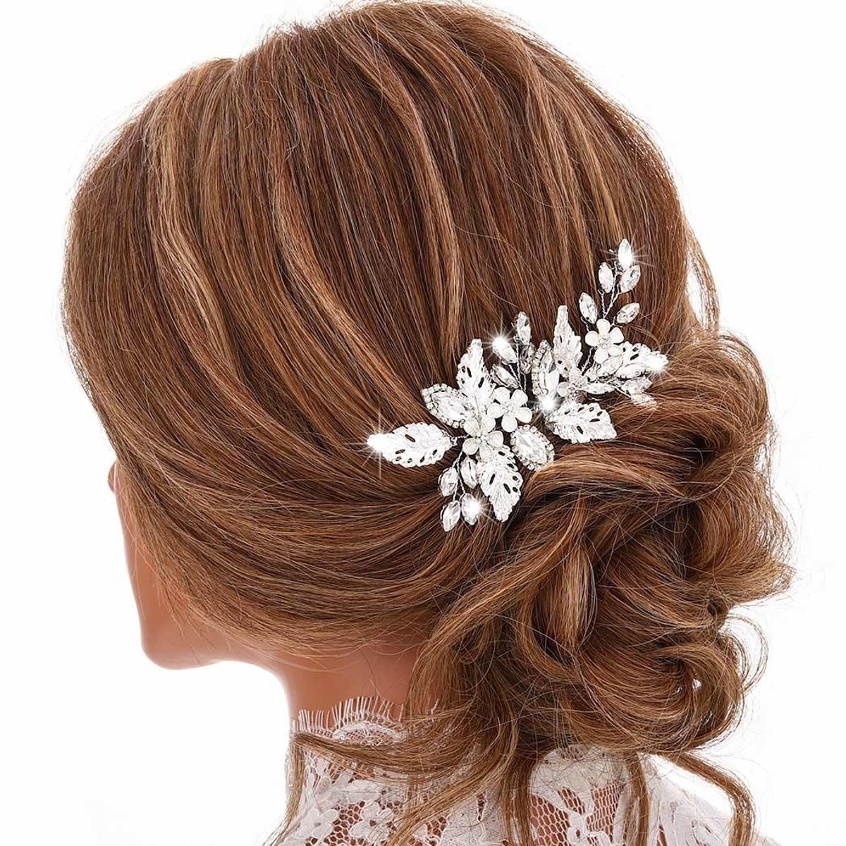 Dailygoods- Haarsieraad bruid - Bruiloftshoofdtooi - Zilver met strass - Bloemen en blad - Verstelbaar haaraccessoire - Hoogwaardige legering