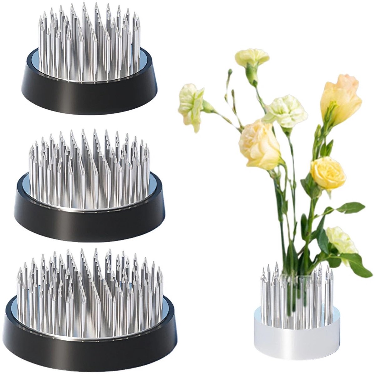 Dailygoods- Ikebana Vaas - 4 Stuks - Roestvrij Stalen Basis - Bloemenkikker - Rubber Afdichtring - Voor Thuis/Kantoor - Bloemenhouder
