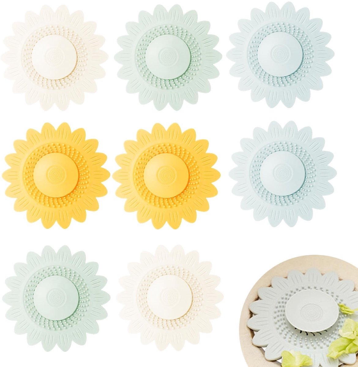 Dailygoods- Afvoerstop met dubbele filters - Haarvanger - Antislip - Zonnebloemvorm - 8 Stuks - Geschikt voor badkamer en keuken