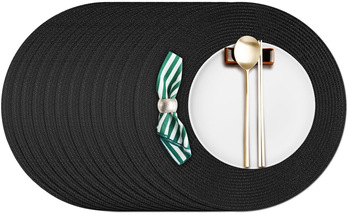 Dailygoods- Placemat Set van 12 - Ronde Placemat 38 cm - Hittebestendig - Afwasbaar - Kunststof - Elegante Zwarte Kleur - Tafelonderzetters