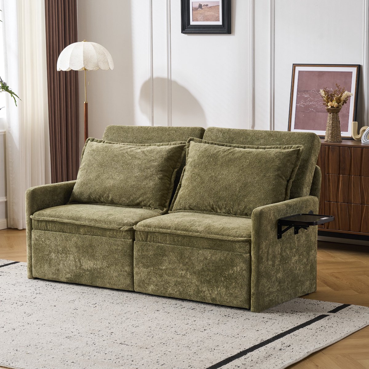OKWISH Slaapbank 2-zits groen chenille met USB/Type-C, 3-in-1 sofa bed met 5-stappen verstelbare rugleuning, inklapbaar met opbergvakken en kussens