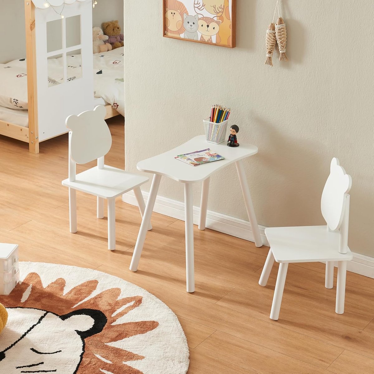 Kindertafel met stoelen - Speeltafel set - Creatief spelen - Knuffelbeer design - 565 cm breed - Wit