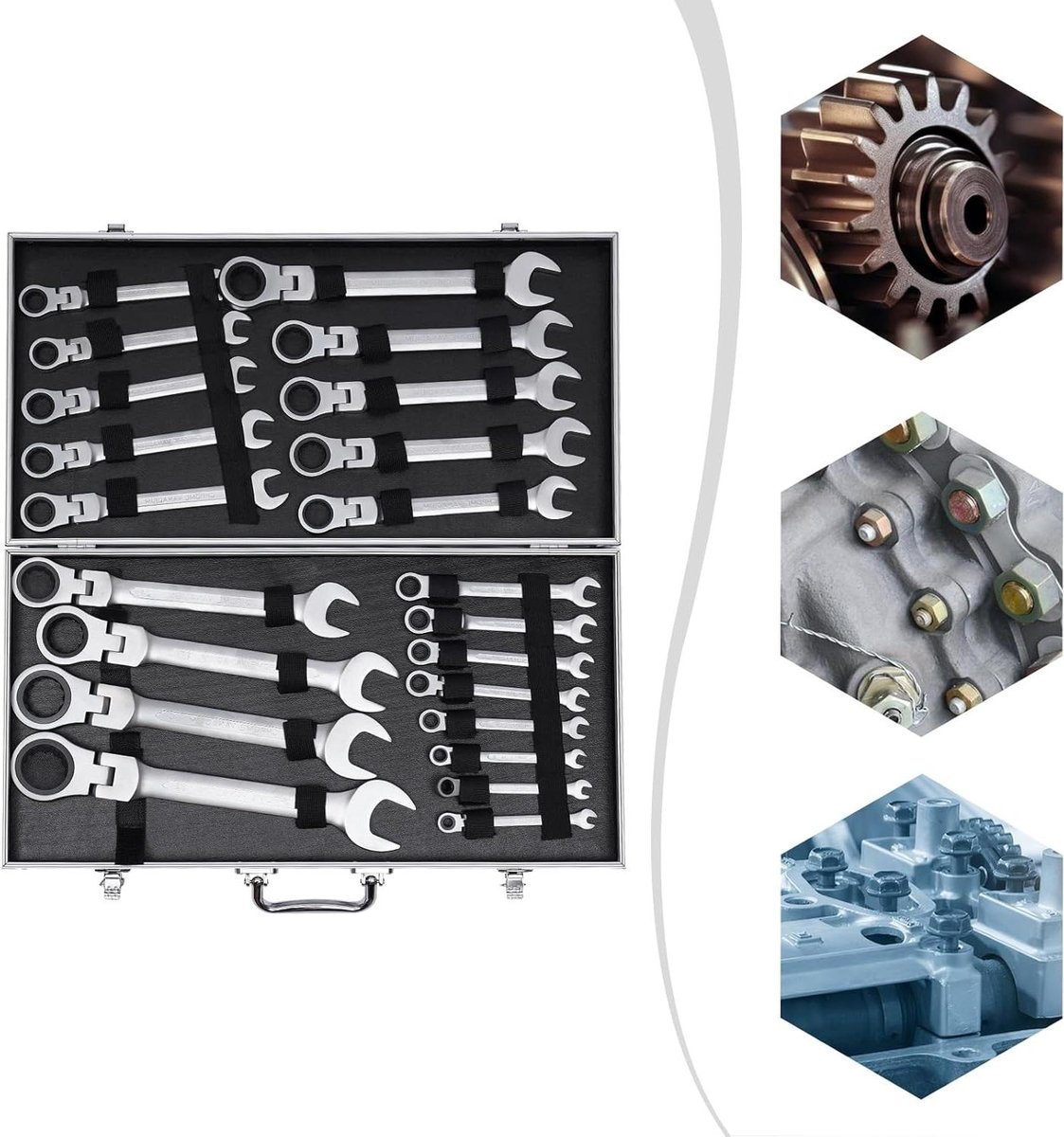 Scharnier ratelsleutelset - Ringbek sleutelset - Wiellagers demonteren - Nauwkeurige pasvorm - 6-32 mm - Zilver