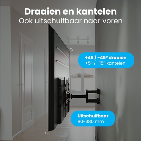 Auronic TV Muurbeugel - 26 tot 65 inch - Tot 45 kg - Draaibaar - Kantelbaar - Uitschuifbaar - Zwart