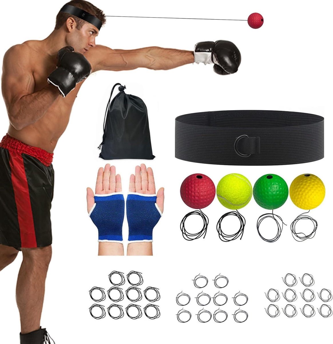 Bokstraining Reflexbal Set - Boks Oefenbal Hoofdband - Verbeteren Reactiesnelheid - Zelfstandige Training - 40 x 30 x 1 cm
