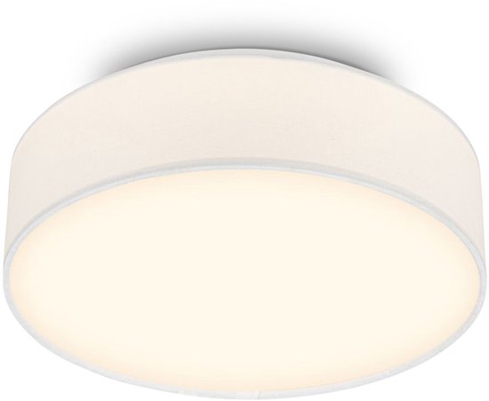 Ronde, witte stoffen plafondlamp met een warm licht dat door de kap schijnt, op een witte achtergrond.