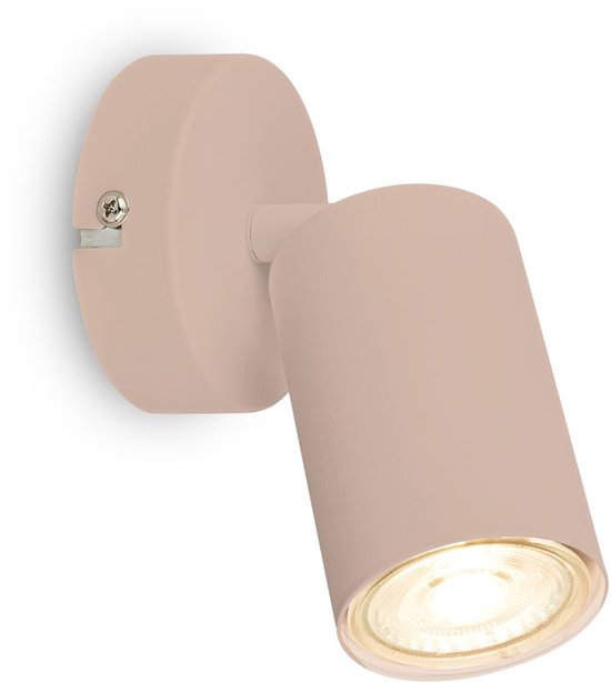 Spot en saillie rose avec tête de lampe orientable, sur fond blanc.