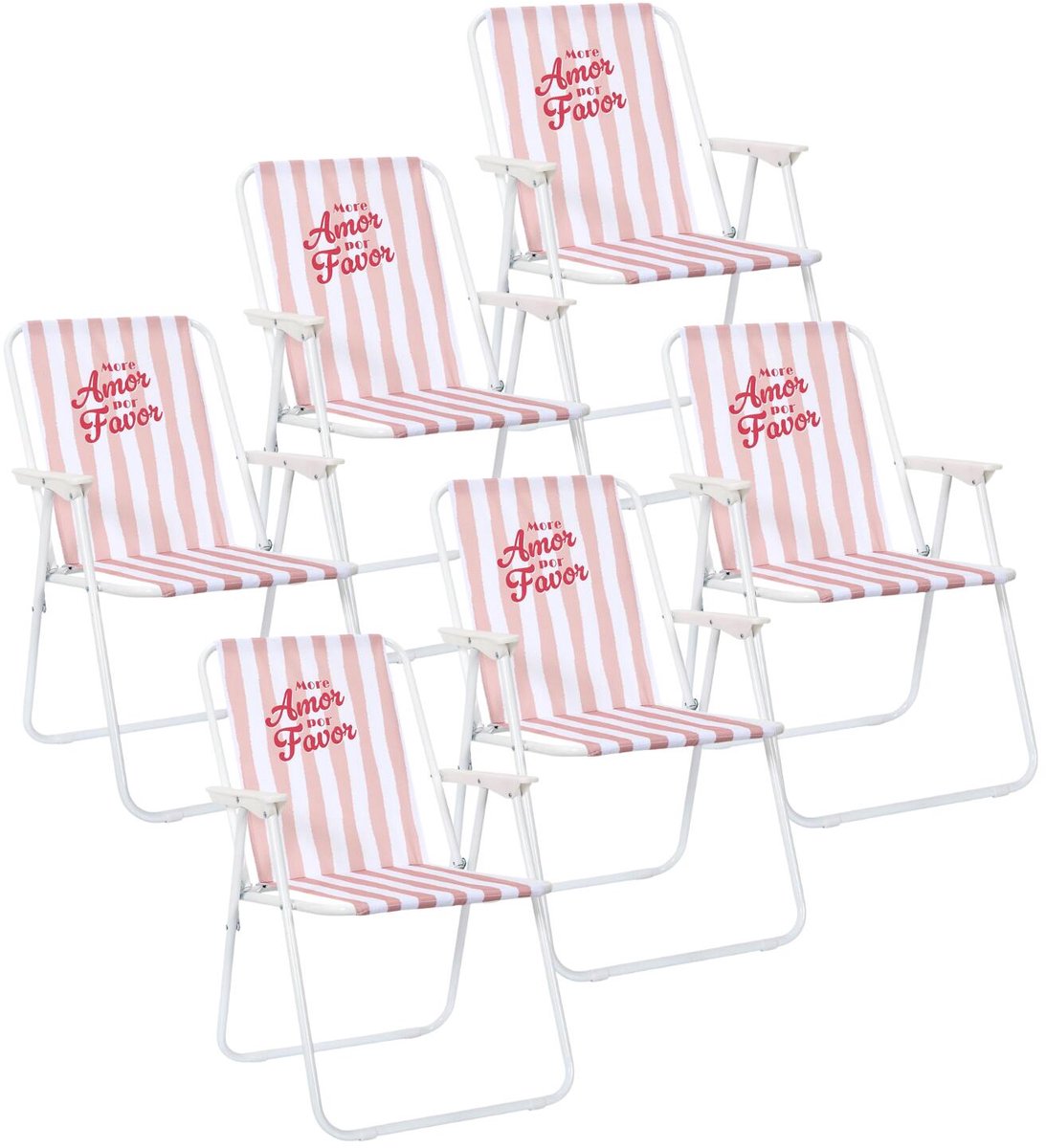 Home deco factory Klapstoel Dolce Vita - 6x - roze/wit - 44 x 75 x 52 cm - campingstoel/tuinstoel