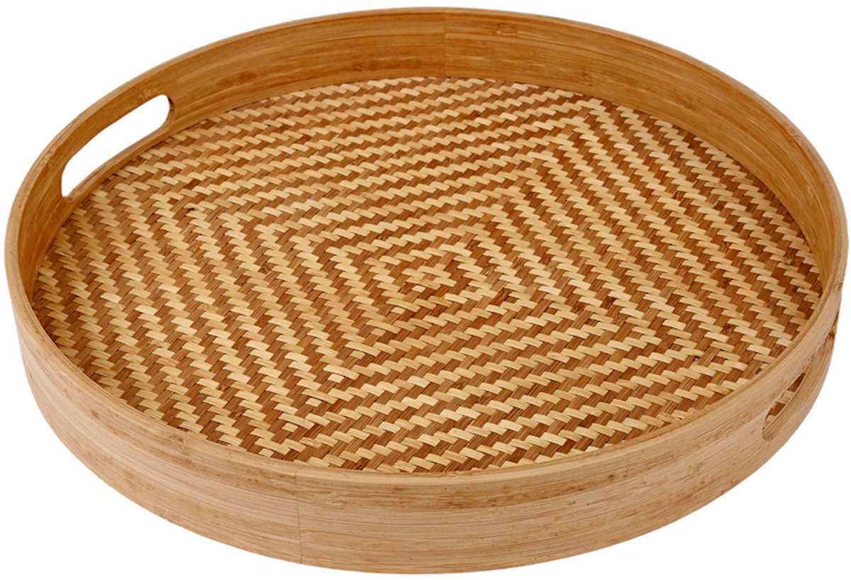 Decopatent - Bamboe Dienblad Rond - Diameter: 38 Cm - Dienblad met handvaten - Schaal - Presenteerblad - Serveerschaal - Woonaccessoires - Gevlochten Bamboe Riet - Afm: 38 x 38 x 5 Cm.