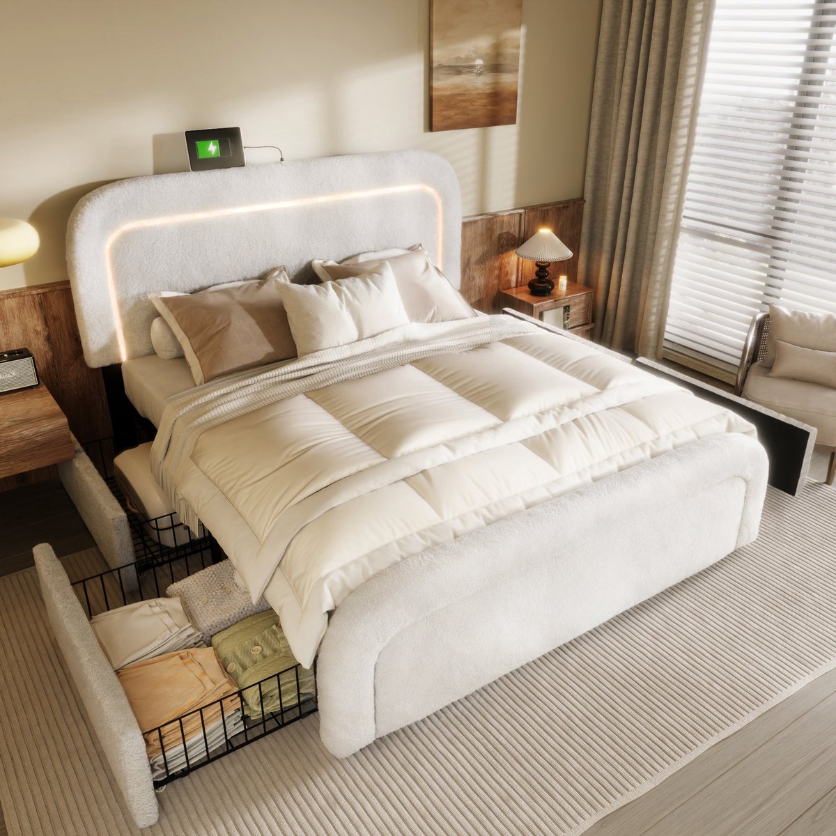 Bedframe met USB Type-C oplaadfunctie, ledverlichting en 4 lades, tweepersoonsbed, gestoffeerd, 140x200 cm, in hoogte verstelbaar hoofdeinde, lattenbodem van hout, Sherp wit (exclusief matras)