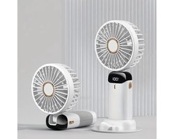 Draagbare, oplaadbare USB-ventilator met 5 snelheden, mini-bureauventilator met LED-display, perfect voor op reis (wit, 800 mAh).