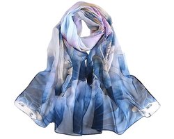 Dames zijden sjaal, elegante vintage chiffon omslagdoek, ademende en lichtgewicht zijden sjaal, 160 x 50 cm, blauw.