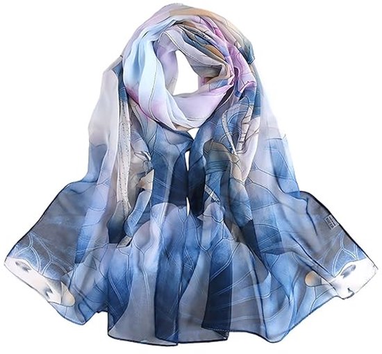 Dames zijden sjaal, elegante vintage chiffon omslagdoek, ademende en lichtgewicht zijden sjaal, 160 x 50 cm, blauw.