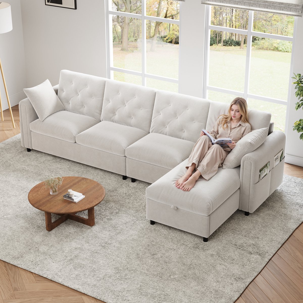 Merax Modern bank - L-vormige hoekopslag - verstelbaar links en rechts - zijarmleuning met tijdschriftenhouder - beige