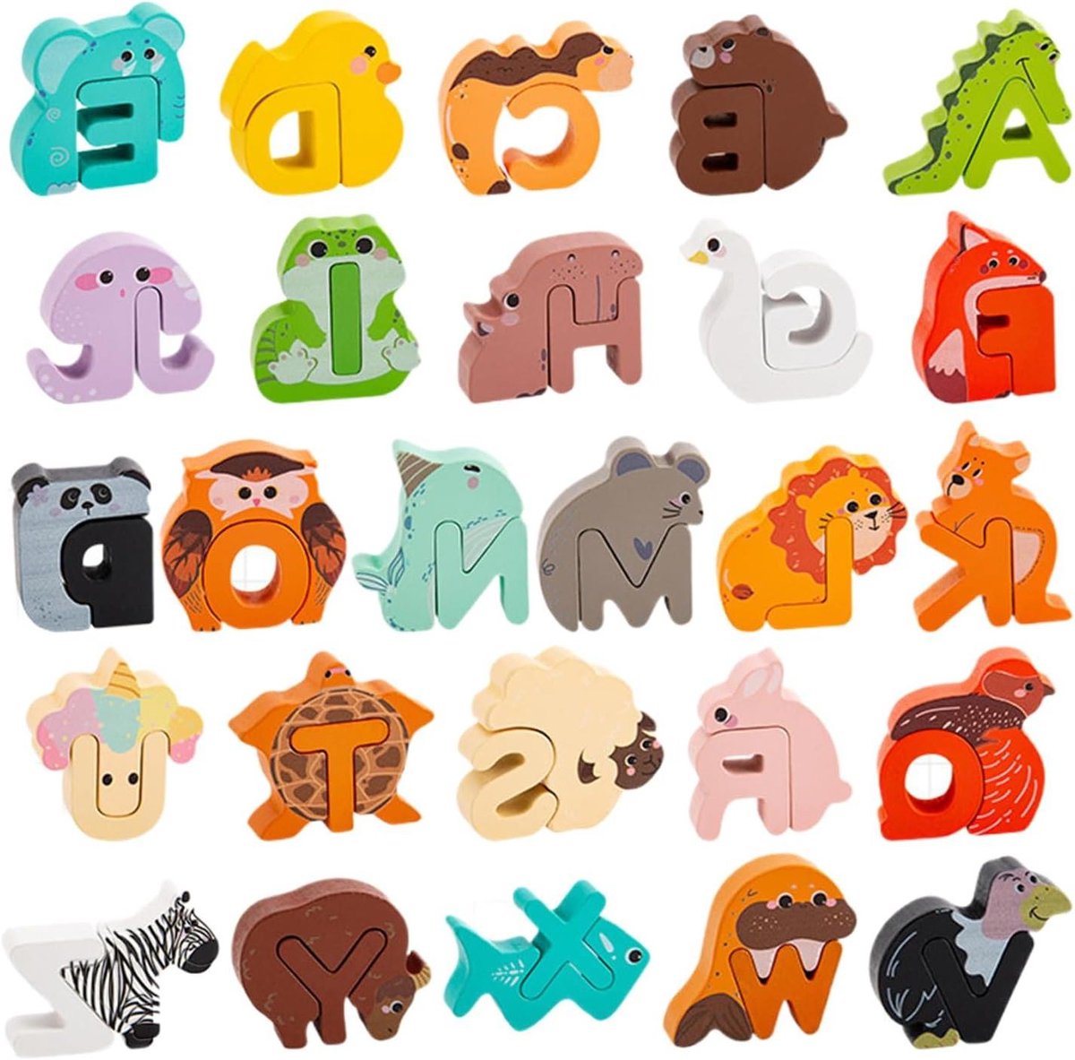 Alfabet Puzzels - Educatieve Puzzels - Leren Lezen - Dierenletters Design - 26 Stuks - Multicolor