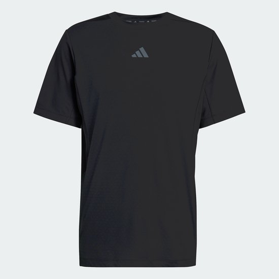 Zwart Adidas performance shirt met korte mouwen en een subtiel textuurpatroon, met Adidas logo op de borst.