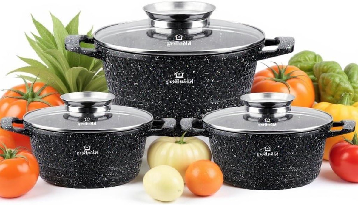Pannen Set - Kookgerei Set - Gezond Koken - Marmer Coating - 6 Delig - Zwart