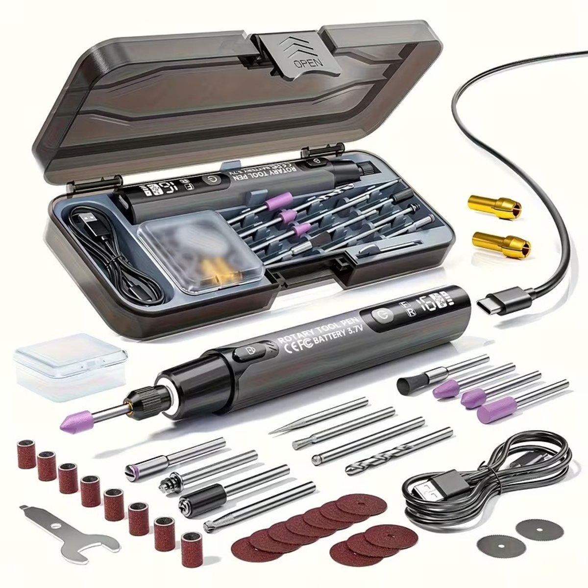 Draadloze Roterende Gereedschapset - Mini Multitool met 37 Accessoires - USB-C Oplaadbaar - 6 Snelheden tot 16000RPM - Graveerset voor Slijpen Polijsten Boren Graveren - LED Verlichting - Precisiegereedschap - Hobby & DIY Tool
