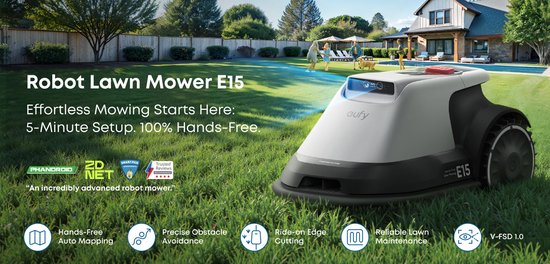 eufy Robotgrasmaaier E15 - Draadloos - Zonder RTK - Geen signaalproblemen - 5-Minuten-setup - Automatische mapping tot 800 m2 - Obstakelvermijding - Ride-On Edge - Bediening via app - Met regenkap