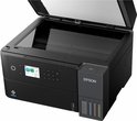 Zwarte Epson EcoTank printer, de scannerklep is geopend en de inktreservoirs zijn zichtbaar.