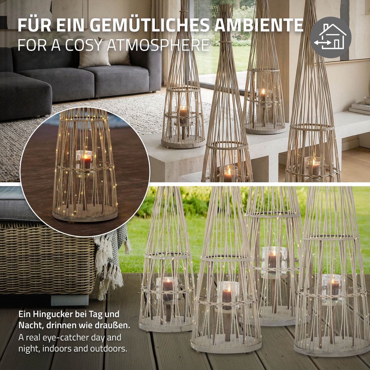 ECD Germany Bamboe lantaarn decoratieve houten windlicht serie grote kaarsenhouder van 150 cm hoog, sfeervolle led lichtketting met glazen inzetstuk luxe boho stijl tuinlantaarn gevlochten look moderne decoratie voor binnen buiten terras en woonkamer — cadeau in Wonen & Interieur - foto 3