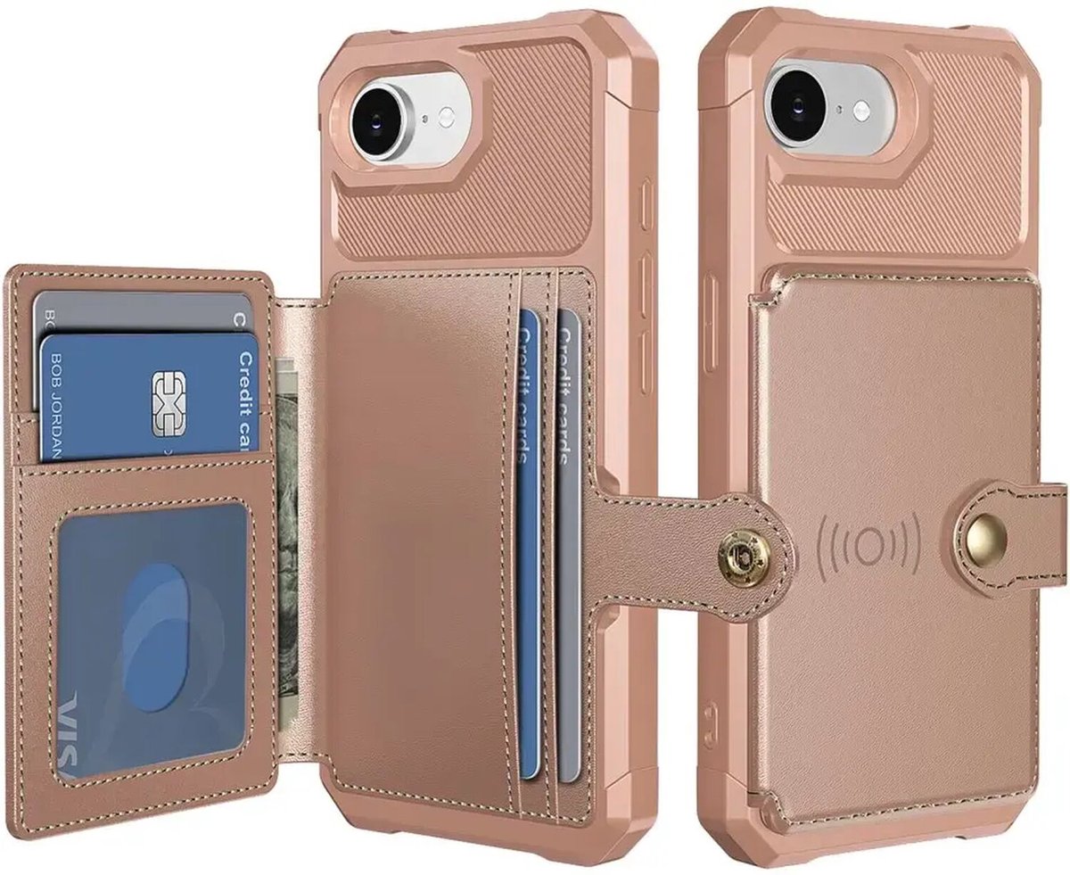 Portemonnee Hoesje Geschikt voor Apple iPhone 17e / 16e - Back Cover met Pasjeshouder - Telefoonhoesje voor Pinpas - Kaarthouder op Achterkant - Case met Magneet voor Auto Houder Roze