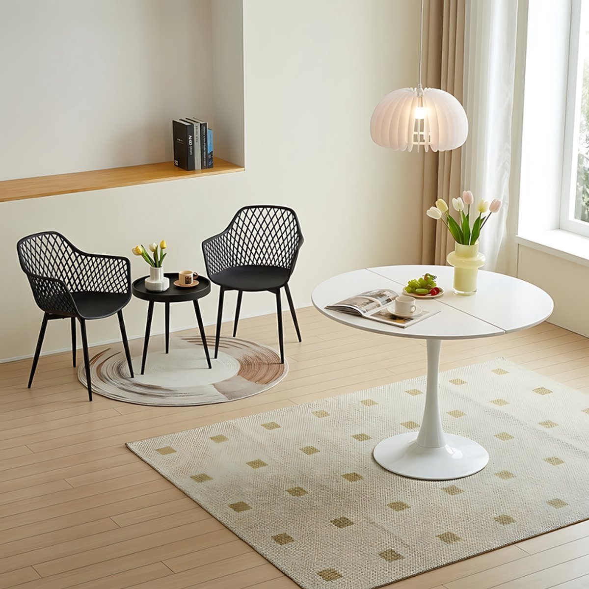 EGGREE Combinatieset: 3-delige tafel -en stoelenset + Ronde Witte eettafel/keukentafel 80 x 80 x 73 cm - Salontafel bijzettafel - Geschikt voor 2 tot 4 personen - Tafelblad met gesplitst ontwerp zwart